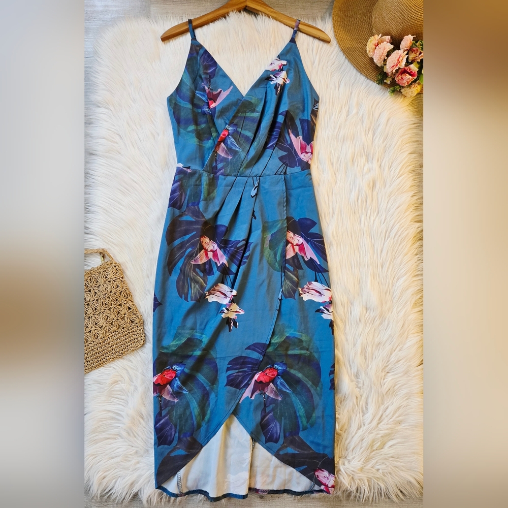 Floral Blue Faux Wrap Midi Dress